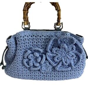 Patricia Nash Cantinella Crochet Flower Purse Handbag Blue Bamboo Handles Boho